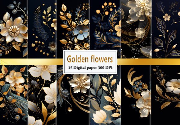Golden Flowers on a Black Background for Backgrounds