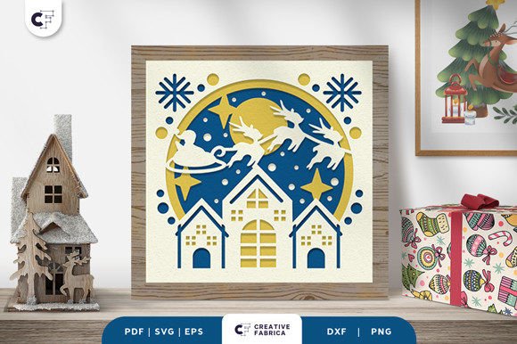 Santa Sleigh Above the Village 3D SVG for Christmas Content