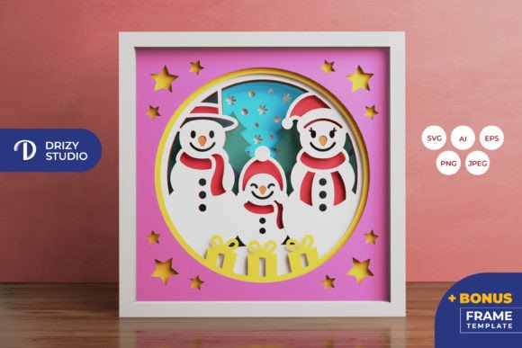 Snowman Family 3D Shadow Box Paper Cut for Christmas